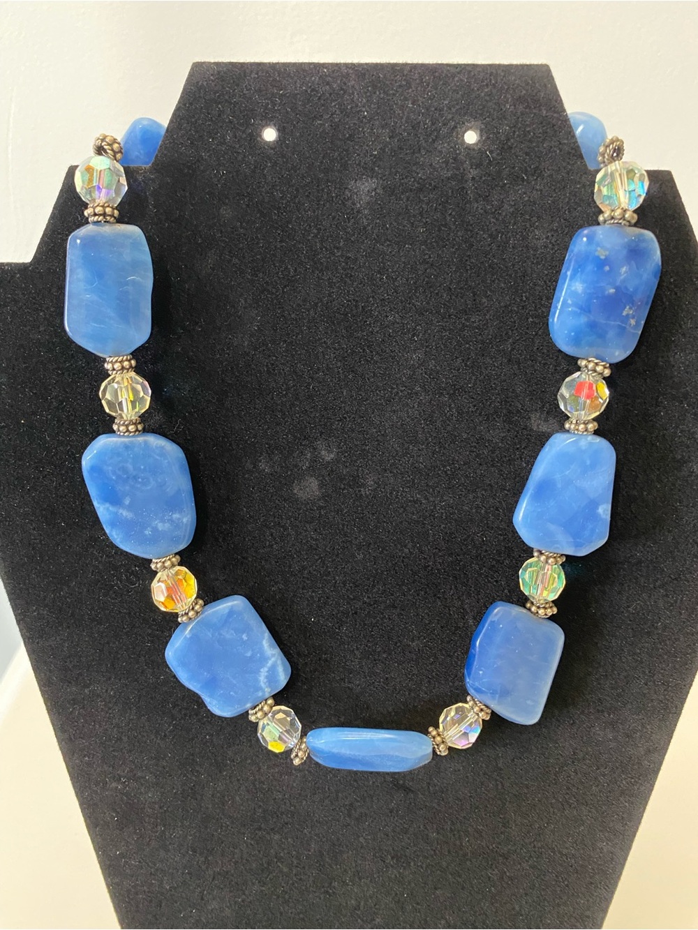 Blue Stone & Aurora Borealis Crystal Beaded Necklace Silver Toggle Clasp 18”